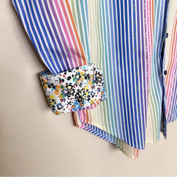 Robert Graham Mens Large Sport Shirt Rainbow Stripe Floral Flip Cuff | Size M - Picture 4 of 10